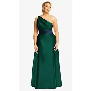 2865 NWT Alfred Snug D815 Draped One-Shoulder Satin Maxi Dress with Pockets